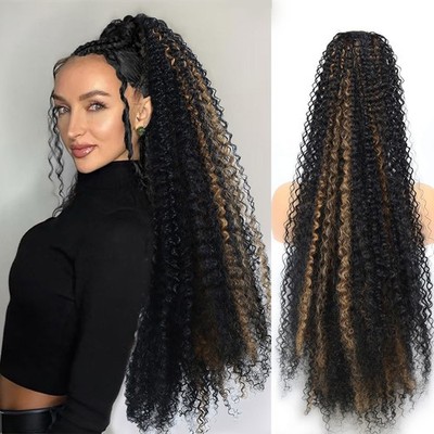 28 Inch Drawstring Ponytail Hair Black Mixed Brown Curly Ponytail Extensions ...
