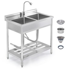 Stainless Steel Kitchen Utility Sink, Freestanding 2-Compartment Sink w/ Faucets