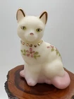 Fenton Buttercream/ Pink Satin Glass Cat Hand Painted And Artist Signed