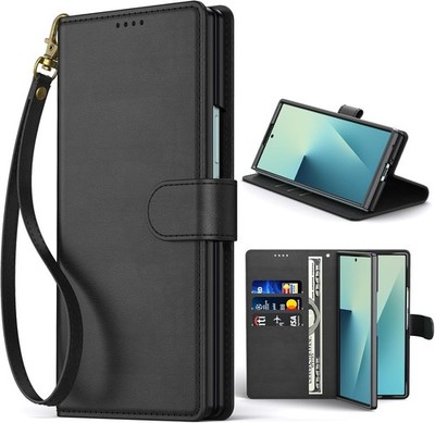 Leather Wallet Case for Samsung Galaxy Z Fold 7, Flip Cover with Card Slots, Bla