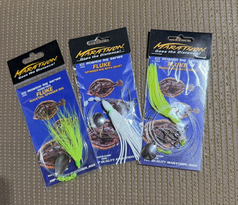 Fluke or Flounder Spinner Rigs with Skirt. Three new Marathon brand in package.
