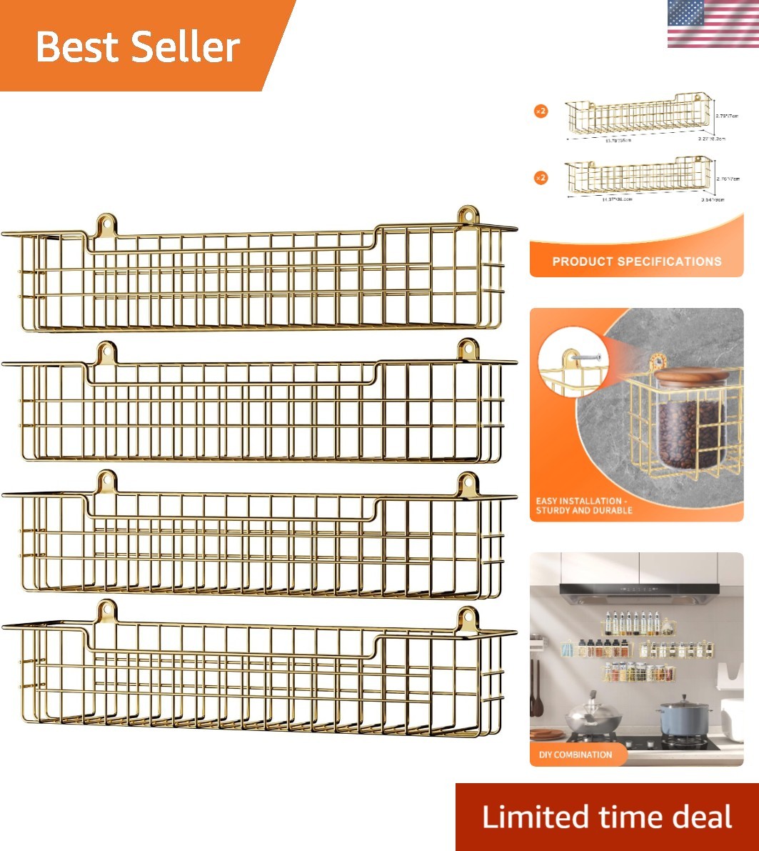 4-Pack Gold Wall Mount Spice Rack - Elegant Kitchen Organizer & Storage Solution