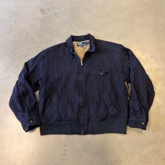 Vintage 90s polo Ralph Lauren navy blue plaid lined wool Harrington jacket