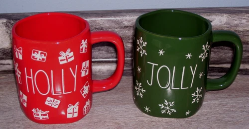 Set of 2 Rae Dunn Mugs Red Holly & Green Jolly Mint Condition
