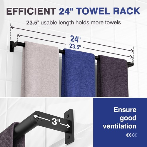 Towel Rack for Bathroom 24" Rustproof Towel Holder, Sturdy Towel Bar Wall Mounte - Picture 3 of 6
