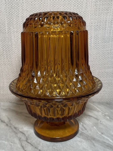 Vintage Indiana Glas Bernstein Lichterkette Lampe DIAMANTSPITZE Fuß EUC 7 Zoll hoch