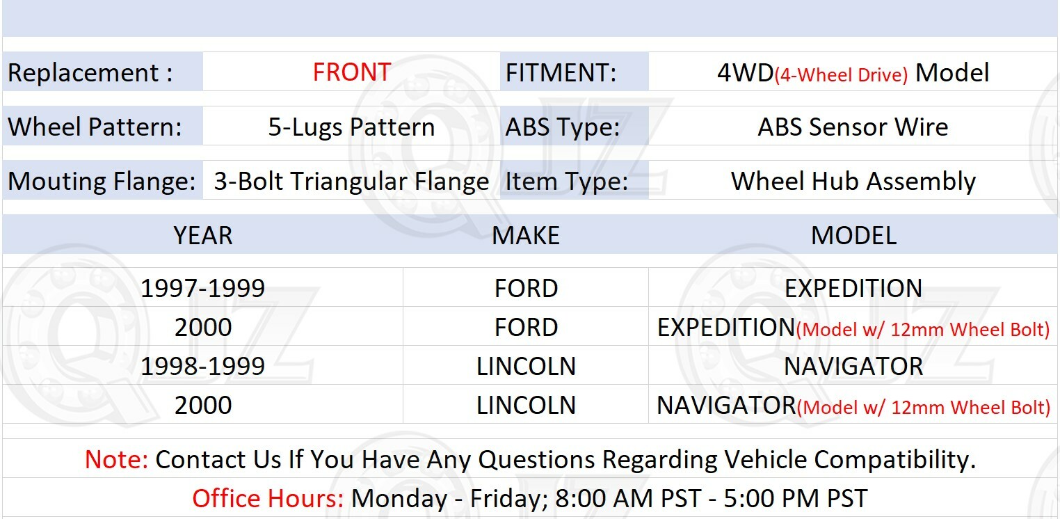 [FRONT(Qty.1)] Wheel Hub Replacement For 2000 Ford Expedition 4WD w/ 12mm-Bolts