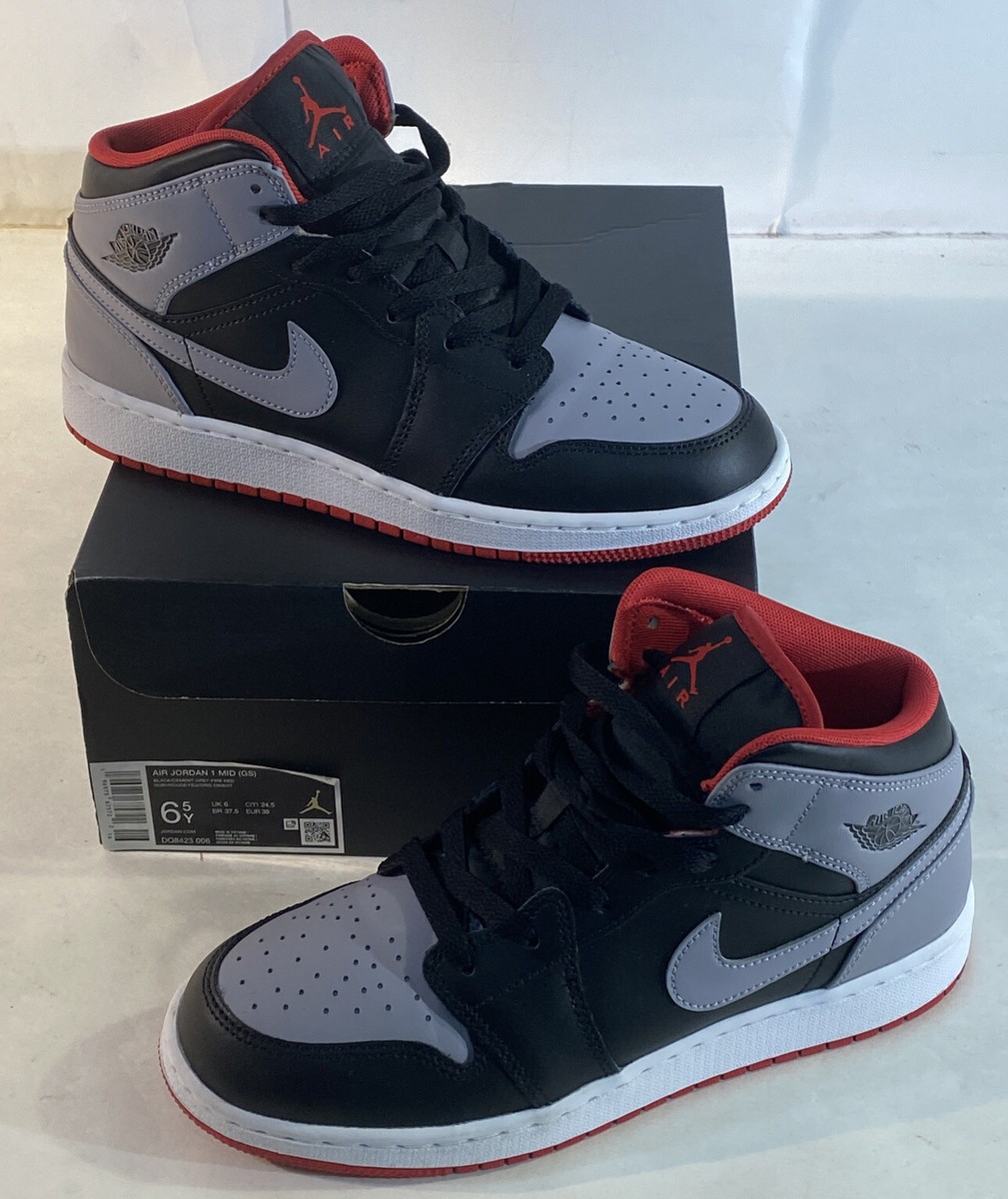 Nike Air Jordan 1 Mid (GS) Shoes Black Cement Gray Red