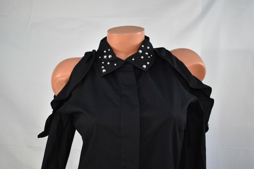 THE EDIT (1) JUNIOR Shirt Dress Ruffled Cold Shoulder BLACK Buttons MSRP $69.00 - Picture 8 of 11