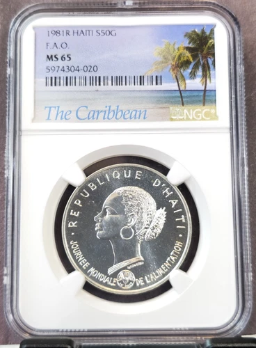 1981 HAITI SILVER 50 GOURDES S50G FAO NATIVE WOMAN NGC MS 65 RARE GEM BEAUTY