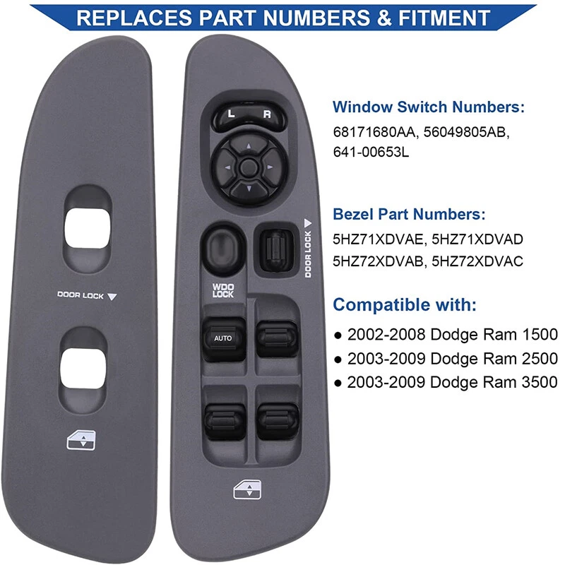 Window Control Switch +Gray Bezel 641-00653L for 02 - 09 Dodge Ram 1500-3500 3pc - Изображение 4 из 4