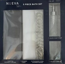 Nueva Spa 5 Piece Bath Set, Curtain, Liner, Hooks, Soap Pump, Tumbler- Grey