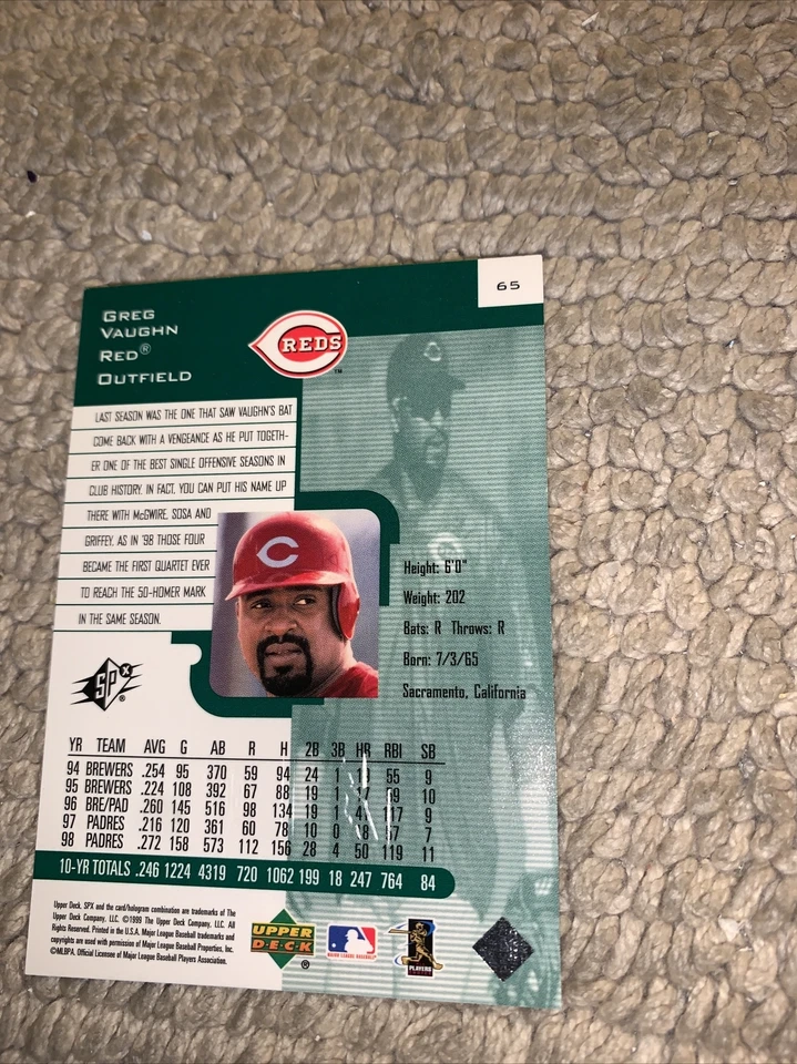 Greg Vaughn #65 Upper Deck SPx Radiance/100 1999 finito Cb1 Cincinnati Reds Foto 3 de 4