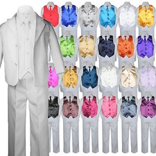 7pcs WHITE Tuxedo Suits Color Vest Necktie Boys Baby Toddler Kid Formal Wear S-7