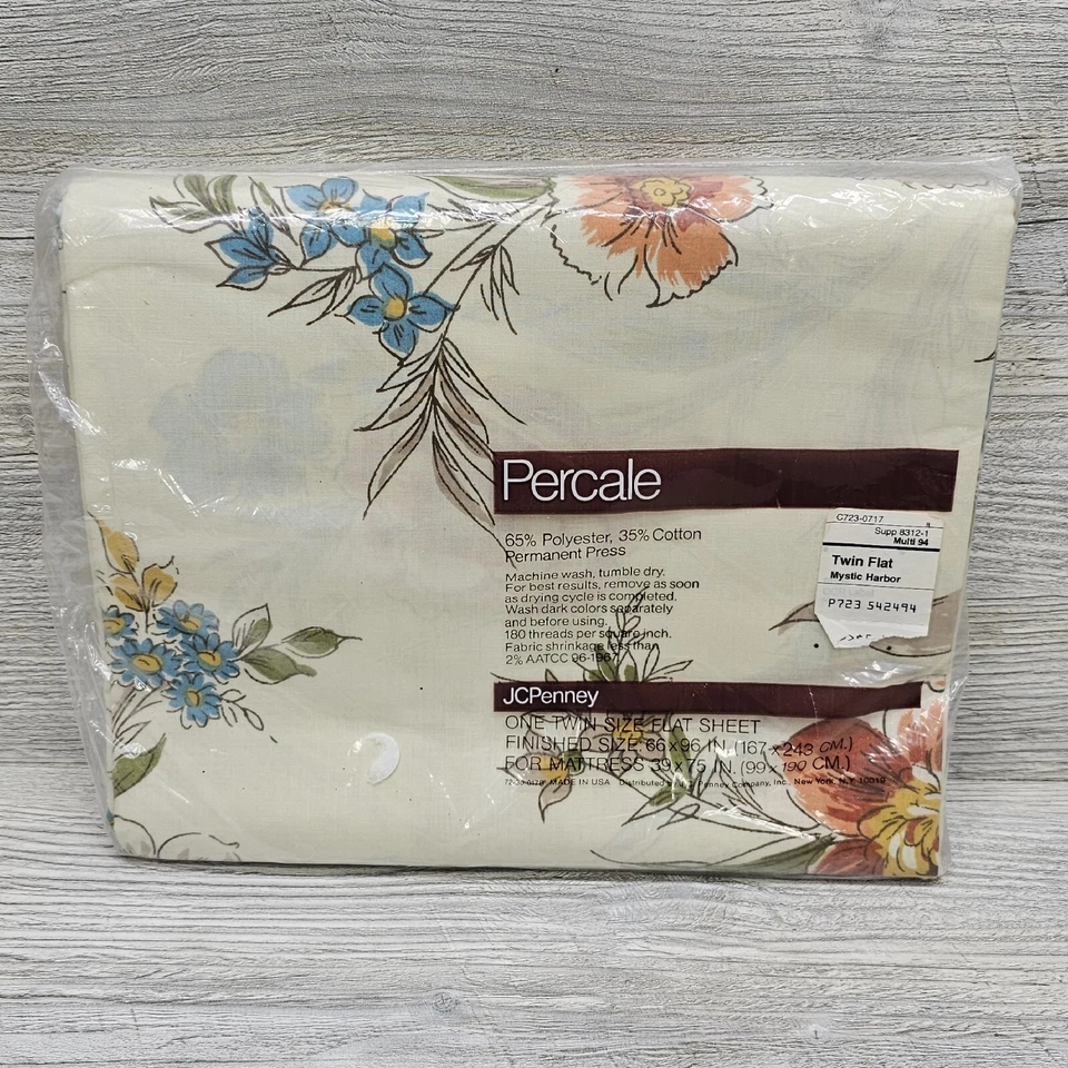 Vintage JCPenny Percale Permanent Press Twin Flat Fitted Sheet Set Mystic Harbor - Image 2 of 4
