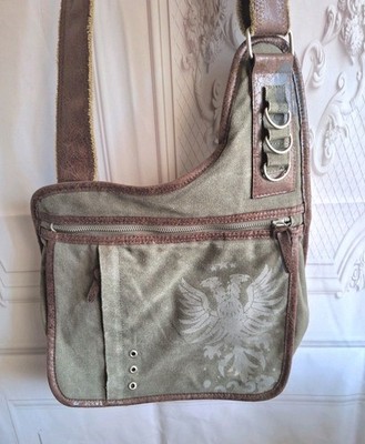 Vtg Canvas Messenger Bag Olive Green Faux Leather T-Bag Prison Break Two Eagles