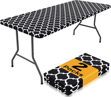 2 Pack Rectangle Table Cloth 6 Foot, Waterproof Elastic Fitted Tablecloths, Wind