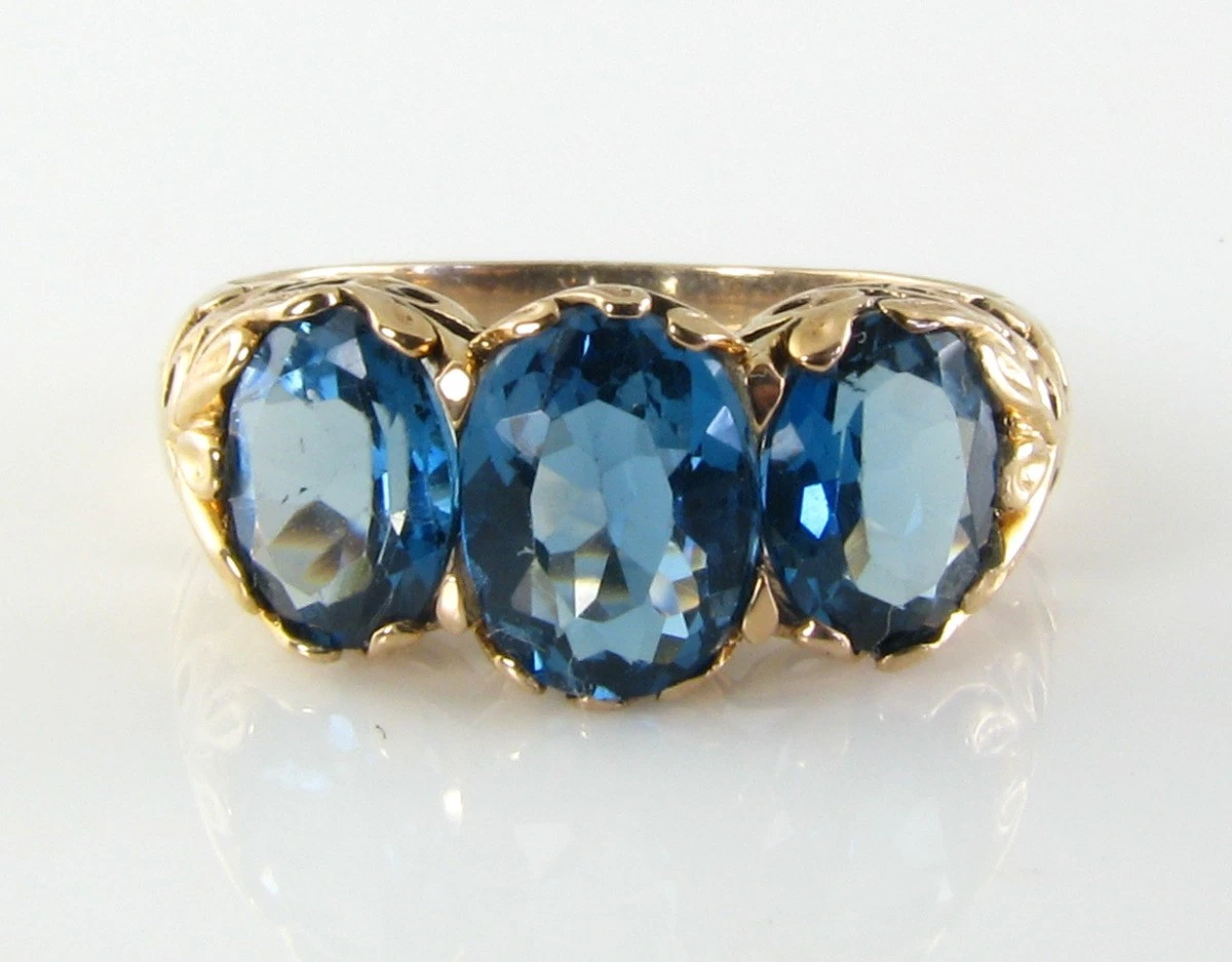Anillo Art Deco 9ct Oro Rosa London Blue Topaz Trilogía, Talla O