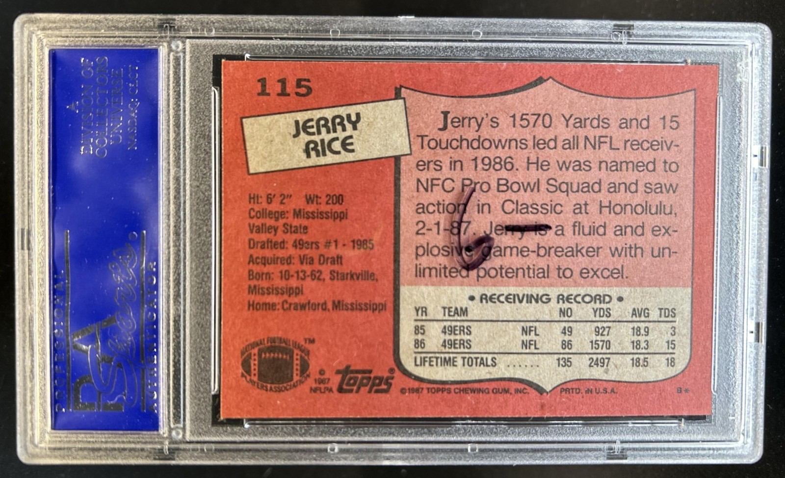 1987 Topps Jerry Rice #115 49ers PSA 9 view 2