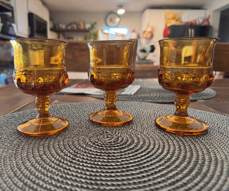 Set of 3 Vintage Amber Floral Decorated Wine Goblets, 10 oz Stemmed