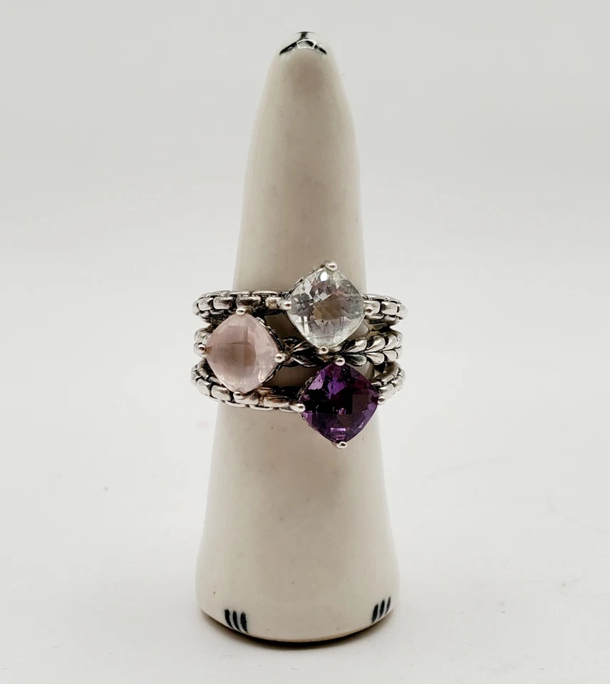 Anillo JAI John Hardy Plata de Ley 925 Amatista Cuarzo Rosa y Topacio Talla 8.75 Foto 2 de 4