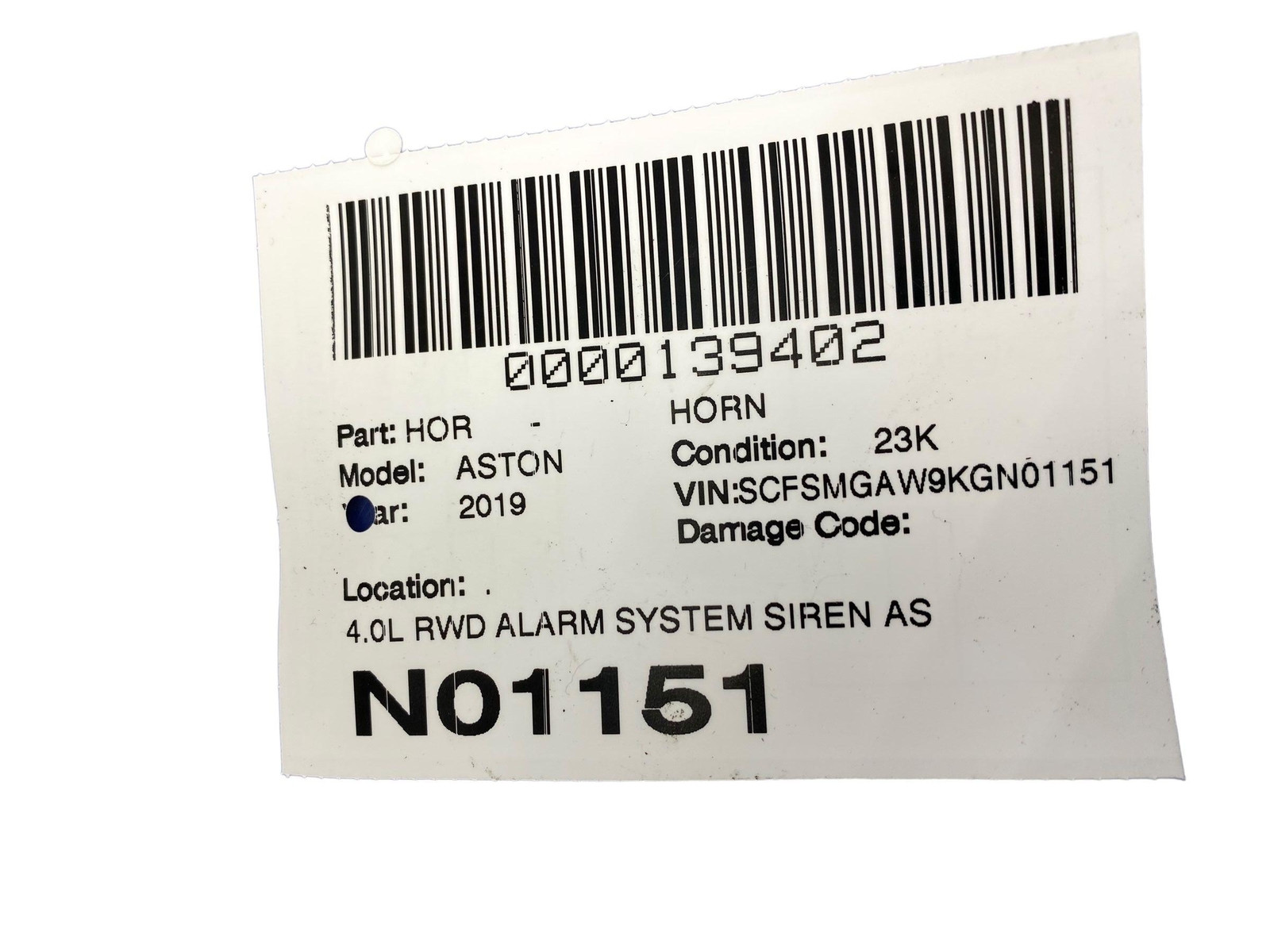 2019 ASTON MARTIN VANTAGE OEM 4.0L RWD ALARM SYSTEM SIREN A2138201101