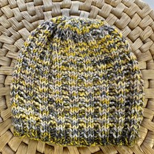 Kids Knit Beanie Cap Hat Yellow Gray Striped Winter Warm Handmade