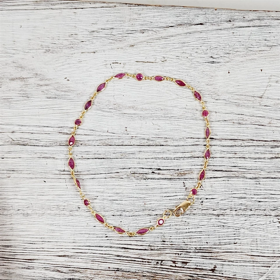 Vintage 14K Yellow Gold Bezel Set Ruby Tennis Bracelet 7.5" Stack Staple Classic - Image 2 of 4