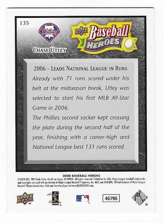 2008 Upper Deck Baseball Heroes Chase Utley Pilladelphia Phillies #135 Black - Image 2 of 2