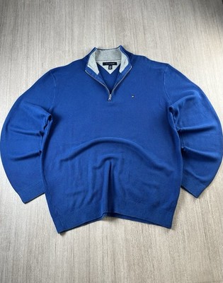 Tommy Hilfiger Men's Blue 1/4 Zip Jumper Sweater Pullover Cotton Mock Neck XXL
