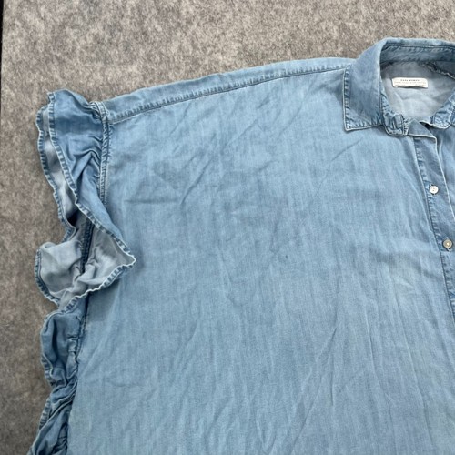 Zara Chambray Top M Womens Cap Sleeve Button Up Denim Shirt Blouse - Picture 2 of 11
