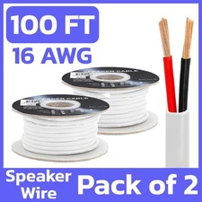 2 Pack 16 AWG Speaker Cable 50ft CL2 In-Wall White 2 Conductor Bulk Audio Wire