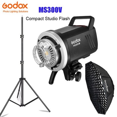  US Godox MS300V 300W Bowens Mount Studio Strobe Flash+120cm Grid Softbox Stand