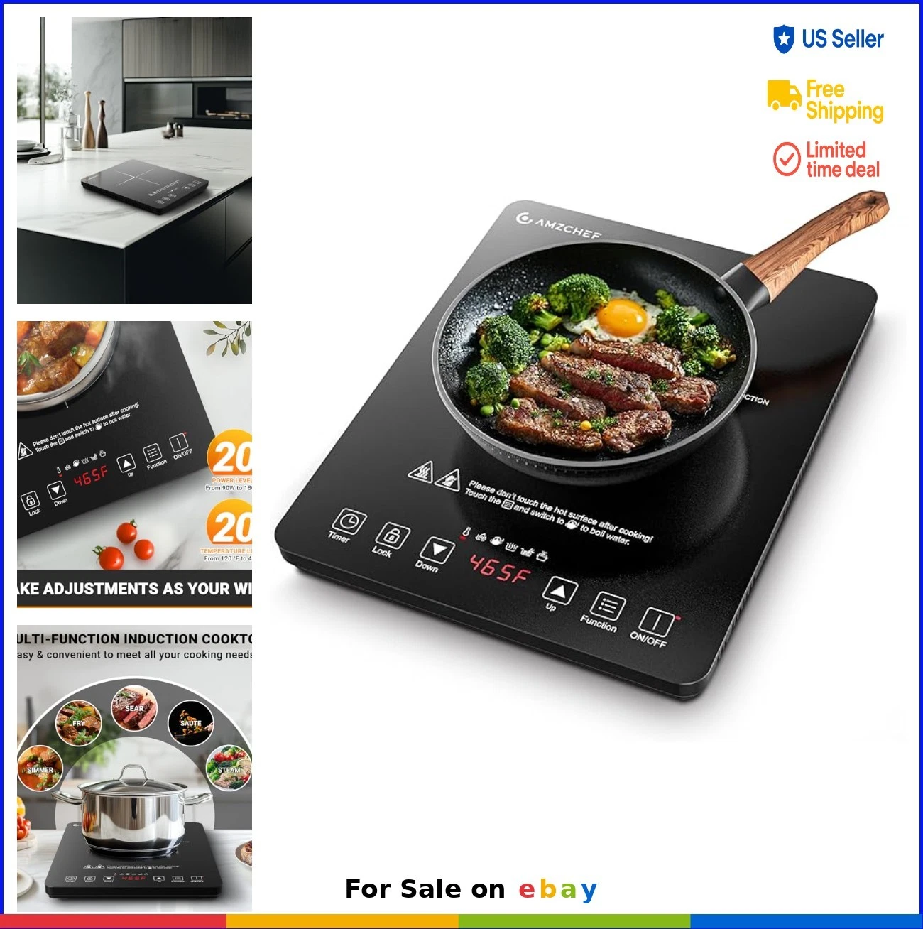 Induction Cooktop 1800W Portable Burner 20 Temp Levels 120V Timer Touch Control