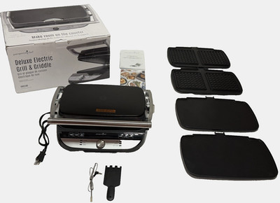 Pampered Chef Deluxe Electric Gril & Griddle Grill, Flat & Waffle Plates Probe