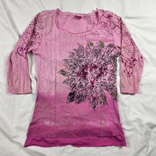 Glima Womens Size Small Pink Floral Graphic 3/4 Sleeve Shirt Made In USA