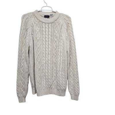 Macy's Men's Store Cable Knit Fisherman Sweater XL Cream Crewneck Vintage
