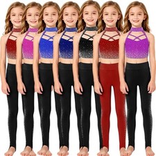 US Girls Gymnastics Training Outfit Shiny Rhinestone Tank Top Elastic Waist Pant