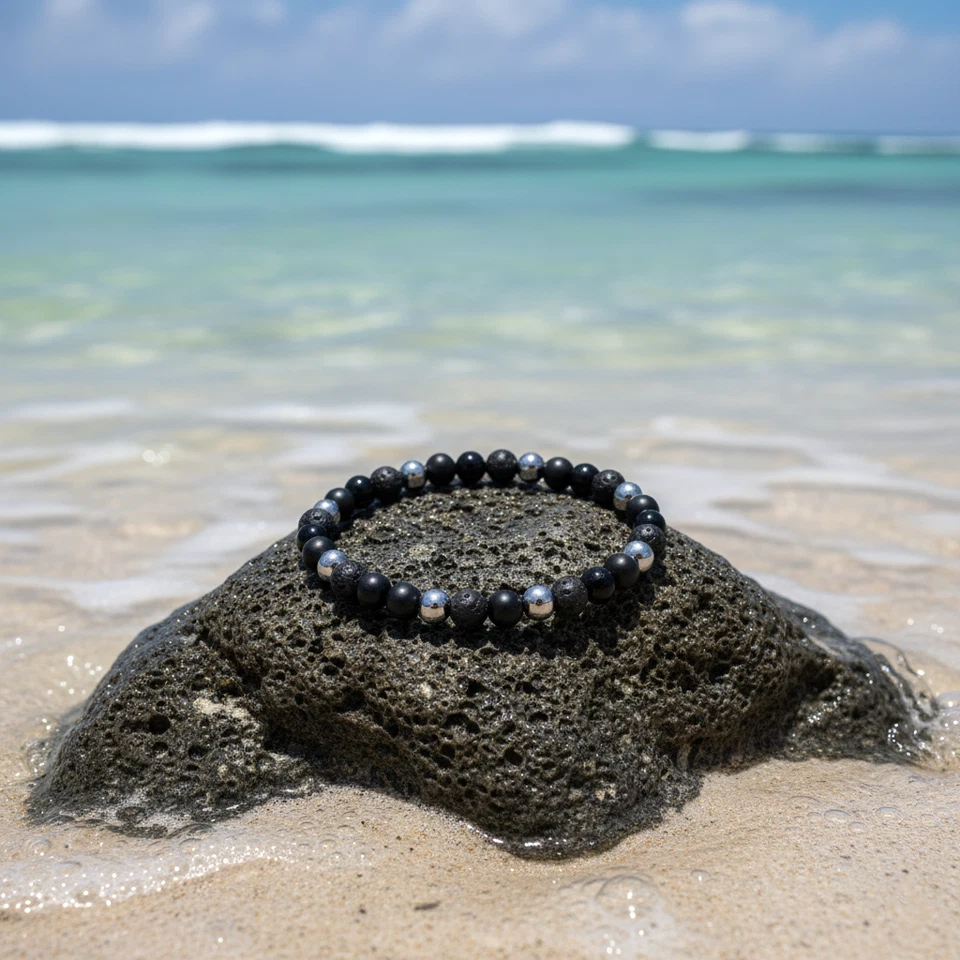 Bracciale in Pietra Lavica Nero Acciaio Argento Pietre Perle braccialetto Uomo - Immagine 4 di 4