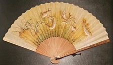 Vintage Asian Hand Painted Hand Fan Bamboo Beige Gold Paper Fish 20.5" Open