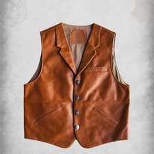 Men's Handmade Genuine Brown Leather Vest Vintage Western Cowboy Biker Waistcoat