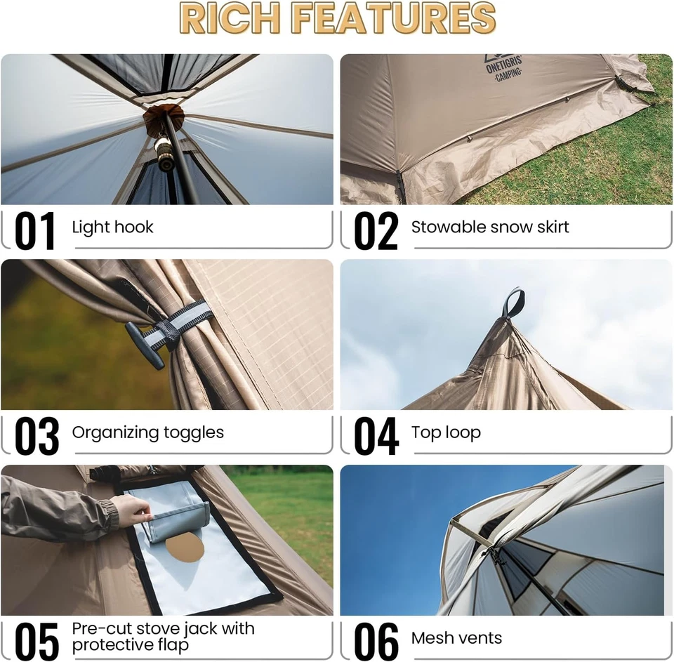 Tienda caliente Smokey HUT con gato de estufa, tienda tipi ultraligera de 4 estaciones con esquí para nieve Foto 4 de 4