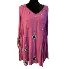 Free People Embroidered Dress Tunic Crinkled Cut Out Back Fushia Pink BOHO Small