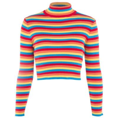 Women Mock Neck Bodycon Crop Top Long Sleeve Ribbed Knitted Rainbow Sweater  UK