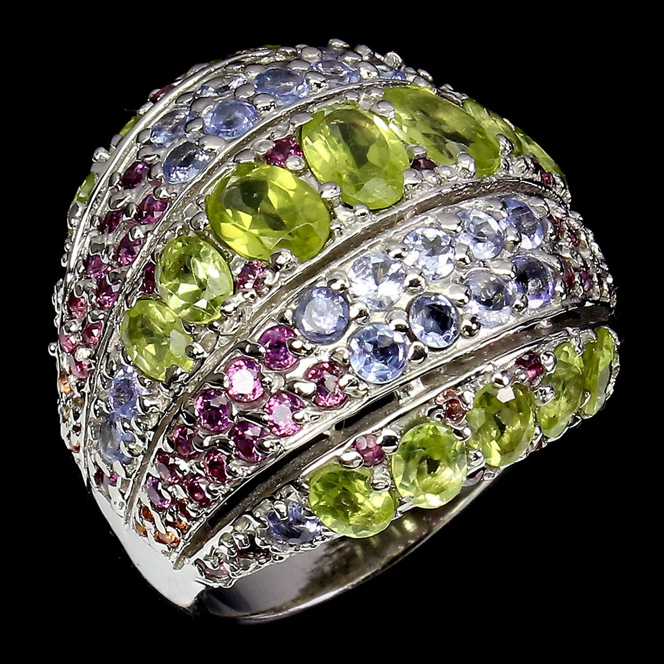 925 Sterling Silver Ring Oval Peridot Sapphire Rhodolite Tanzanite Gemstone 7.5 - Image 3 of 4