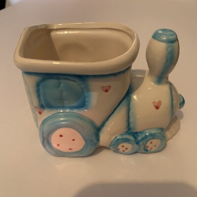 Ceramic Blue Train Planter Hearts Baby Gift Welcome Nursery Flower Suculant