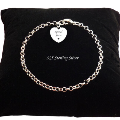 Personalisiertes 925 Sterling Silber Bettelarmband, Gravur auf Herz, Rolo Kette