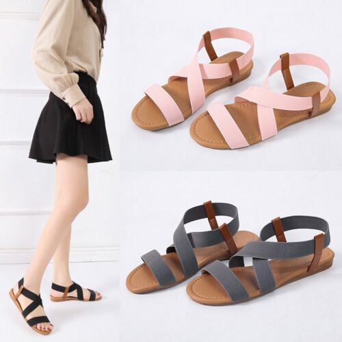 Women Sandals Low Heel Casual Beach Shoes Cross Strap Peep-Toe Sandals Slippers - Picture 1 of 26