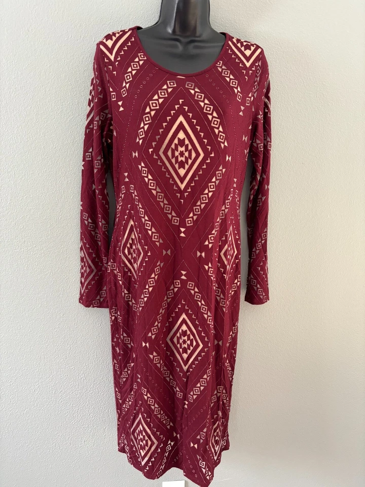 Vestido midi ceñido al cuerpo forrado borgoña manga larga Ashro para mujer talla mediana Foto 2 de 4