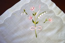 VINTAGE HANKY 1950s FINE COTTON EMBROIDERED FLORALS SATIN STITCH LOVELY HEMLINE